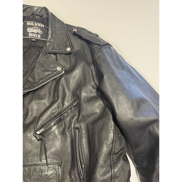 Silver Bike Leather Motorcycle Jacket Vintage 80's Coat Full Back Patch Size 50 - Picture 4 of 16